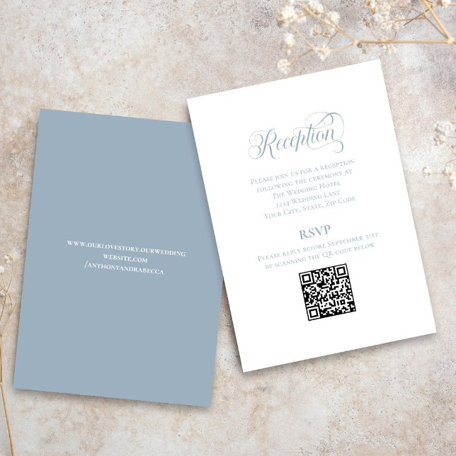 Dusty Blue Calligraphy Wedding QR Code RSVP Enclosure Card (Elegant dusty blue QR code RSVP card with modern calligraphy wedding design)