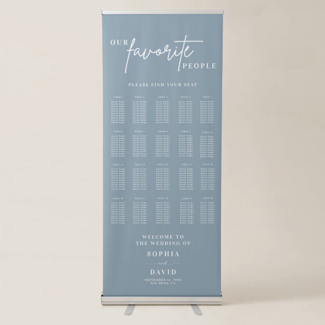 Dusty Blue Calligraphy Wedding Seating Chart Retractable Banner (Front)