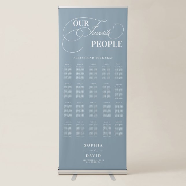 Dusty Blue Calligraphy Wedding Seating Chart Retractable Banner (Front)