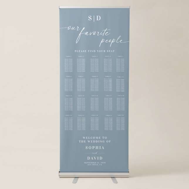 Dusty Blue Calligraphy Wedding Seating Chart Retractable Banner (Front)