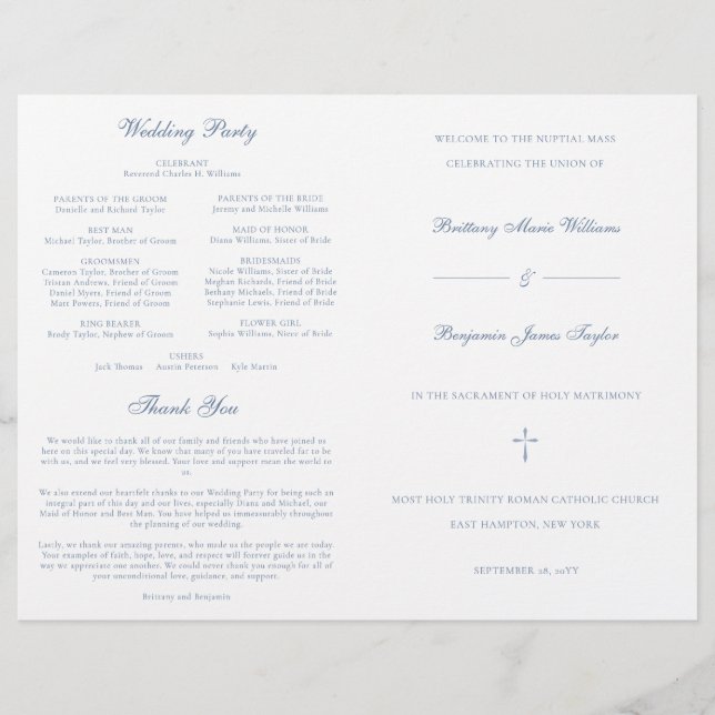 Dusty Blue Catholic Wedding Mass Ceremony Program (Front)