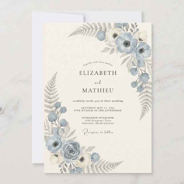 Dusty Blue Celestial Bloom Wedding Invitation (Front)