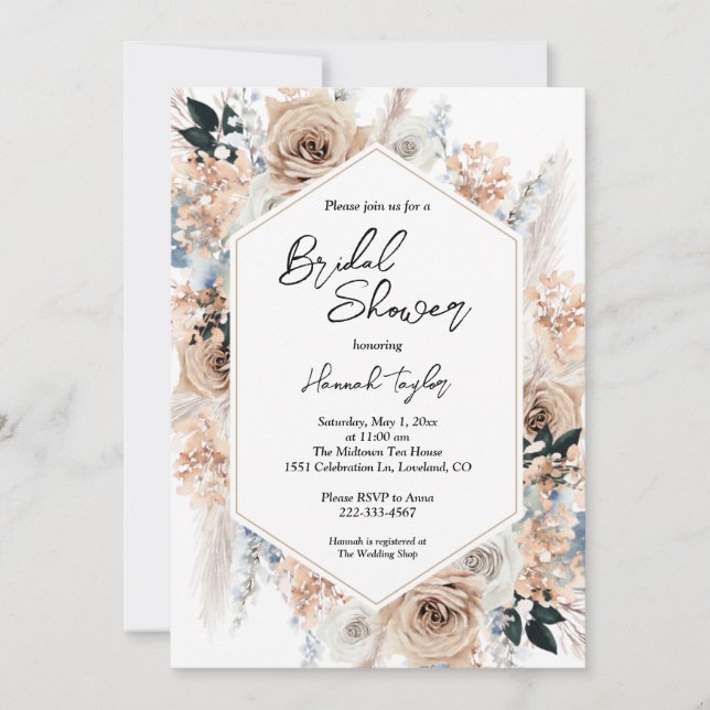 Dusty Blue Champagne Floral Boho Bridal Shower Invitation (Front)