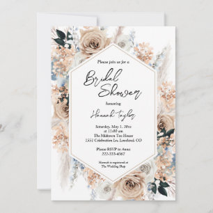 Dusty Blue Champagne Floral Boho Bridal Shower Invitation