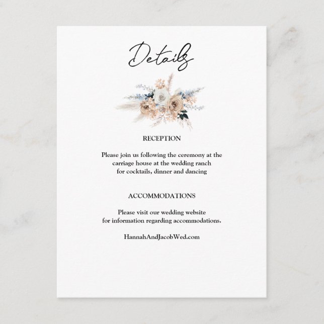 Dusty Blue Champagne Floral Boho Wedding Enclosure Card (Front)