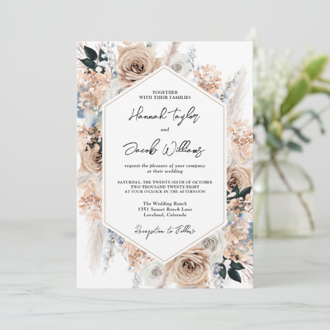 Dusty Blue Champagne Floral Wedding Invitation (Standing Front)