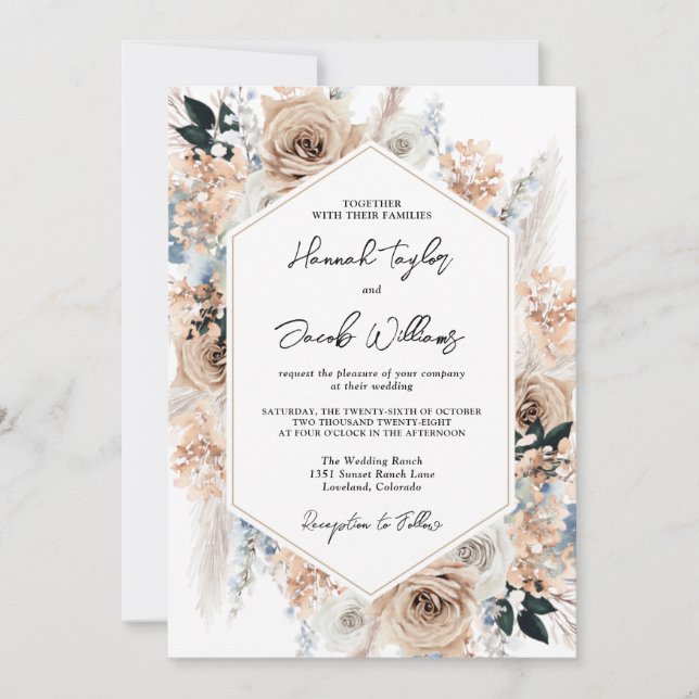 Dusty Blue Champagne Floral Wedding QR Code RSVP Invitation (Front)