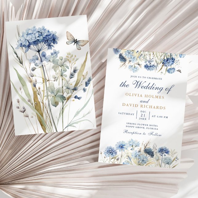Dusty Blue Champagne Hydrangea Wedding Invitation (Boho French Blue Wildflower Meadow Wedding Invite on a sunny boho neutral dry palm leaf.)