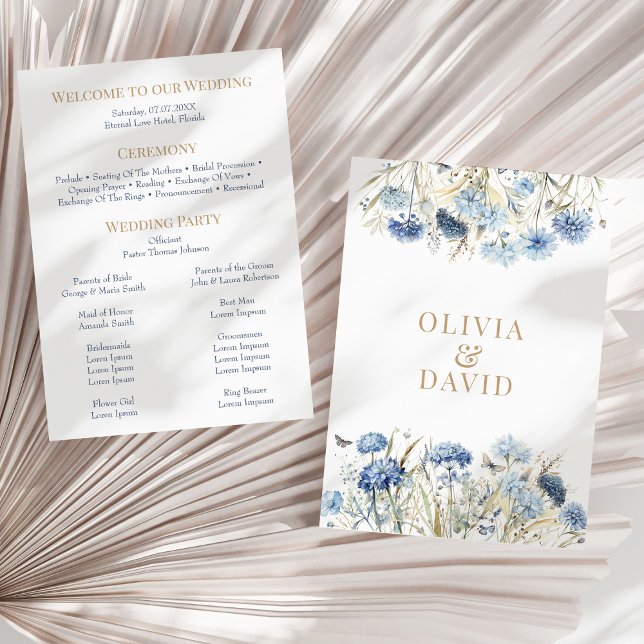 Dusty Blue Champagne Hydrangea Wedding Program Invitation (Boho French Blue Wildflower Meadow Wedding Program on a sunny neutral dry palm leaf.)