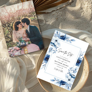 Dusty Blue Champagne Ivory Floral Photo Wedding Save The Date