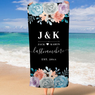 Dusty Blue Champagne Ivory Floral Wedding Bride  Beach Towel