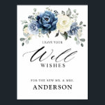 Dusty Blue Champagne Ivory Floral Well Wishes  Poster<br><div class="desc">Dusty blue floral bridal shower / wedding well wishes for the new Mr. And Mrs. featuring elegant bouquet of navy blue, royal blue , white , gold, champagne ivory, blush color rose , ranunculus flower buds and sage green eucalyptus leaves and elegant watercolor bouquet. Please contact me for any help...</div>