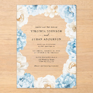 Dusty Blue Champagne Ivory Peonies Floral Wedding Acrylic Invitations