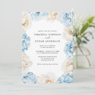 Dusty Blue Champagne Ivory Peonies Floral Wedding Invitation