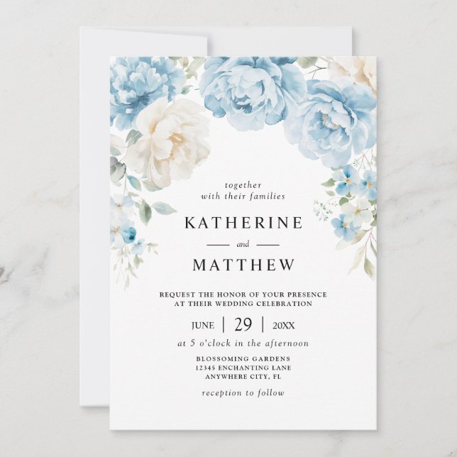 Dusty Blue Champagne Ivory Peonies Floral Wedding Invitation (Front)