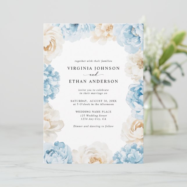 Dusty Blue Champagne Ivory Peonies Floral Wedding Invitation (Standing Front)