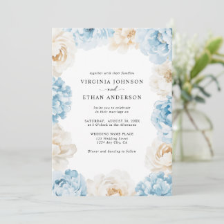 Dusty Blue Champagne Ivory Peonies Floral Wedding Invitation