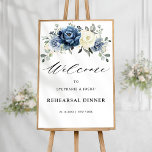 Dusty Blue Champagne Rehearsal Dinner Welcome  Poster<br><div class="desc">Dusty blue floral rehearsal dinner welcome poster featuring elegant bouquet of navy blue, royal blue , white , gold, champagne ivory, blush color rose , ranunculus flower buds and sage green eucalyptus leaves and elegant watercolor bouquet. Please contact me for any help in customization or if you need any other...</div>