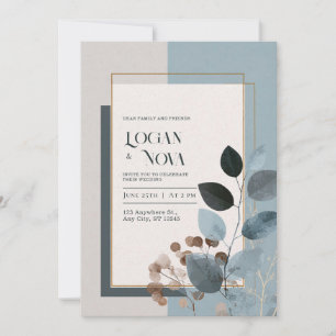 Dusty Blue Charcoal Leaf Gold Frame Wedding Invitation