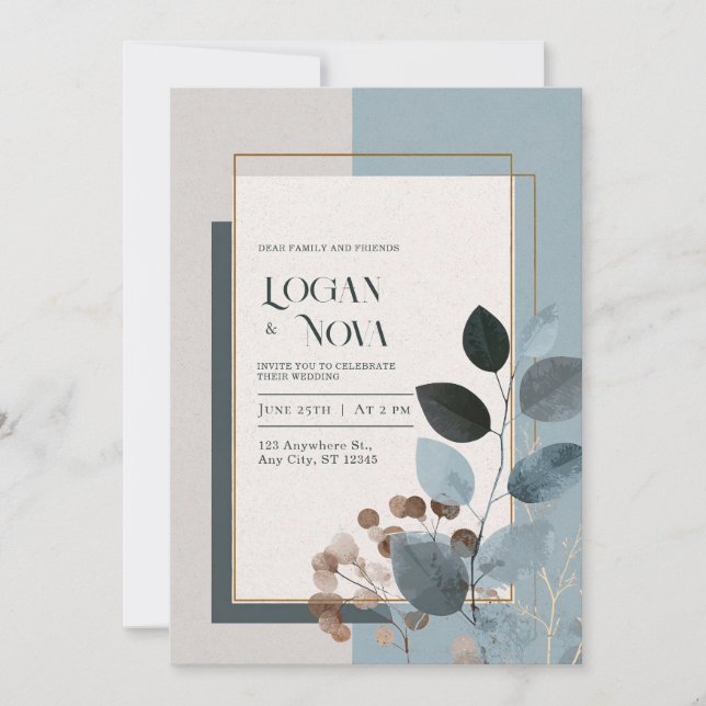Dusty Blue Charcoal Leaf Gold Frame Wedding Invitation (Front)
