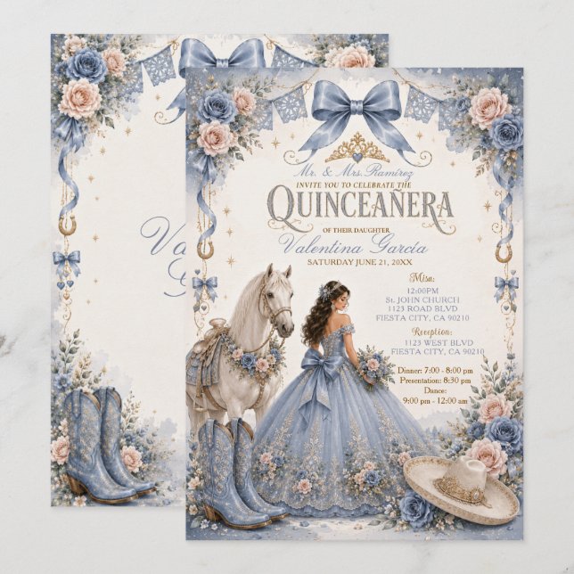 Dusty Blue Charra Quinceañera Invitation (Front/Back)