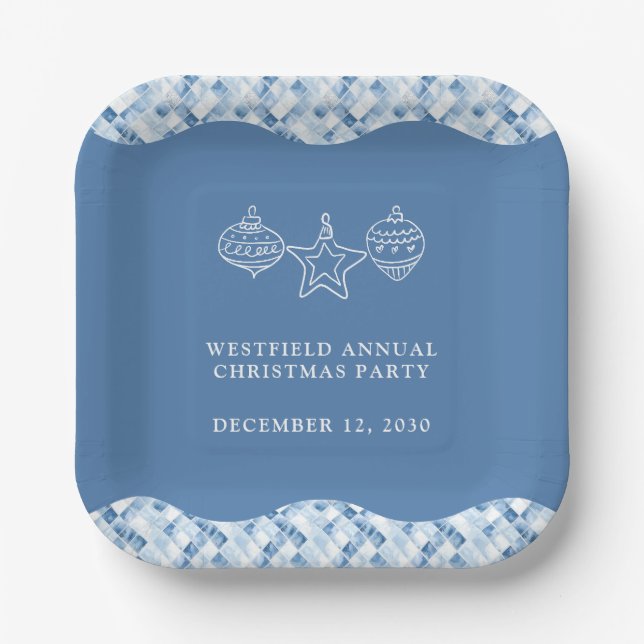 Dusty Blue Check Pattern Christmas Party Paper Plate (Front)