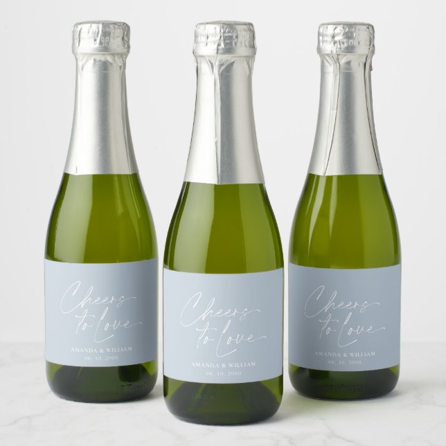 Dusty Blue “Cheers to Love” Wedding  Sparkling Wine Label (Bottles)