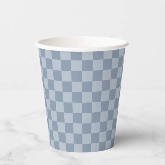 Dusty Blue Chequerboard Paper Cups (Front)