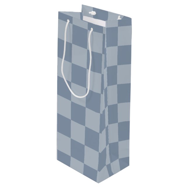 Dusty Blue Chequerboard Wine Gift Bag (Front Angled)
