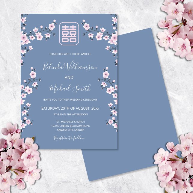 Dusty Blue Cherry Blossom | Chinese Wedding Invitation (Creator Uploaded)