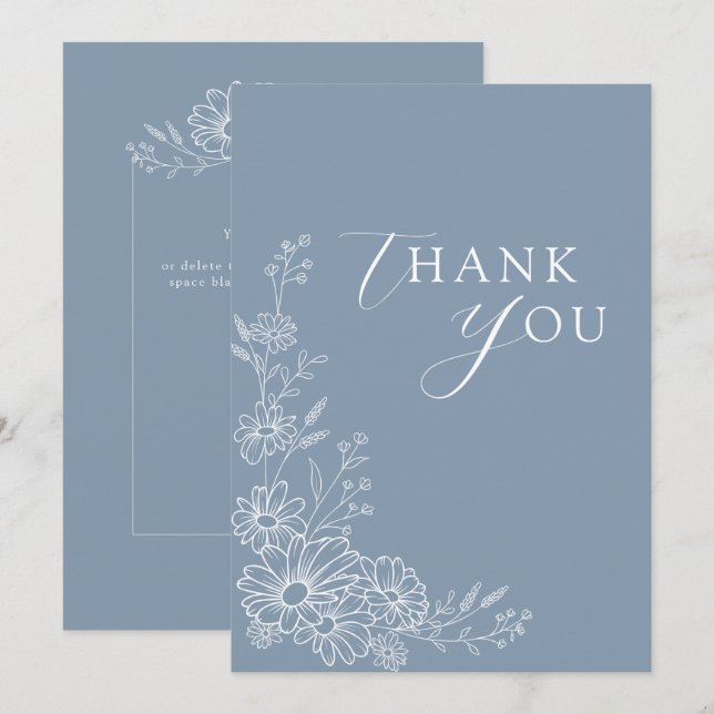 Dusty Blue Chic Botanical Daisy Garden Wedding Thank You Card (Front/Back)