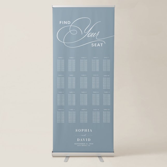 Dusty Blue Chic Calligraphy Wedding Seating Chart Retractable Banner (Front)