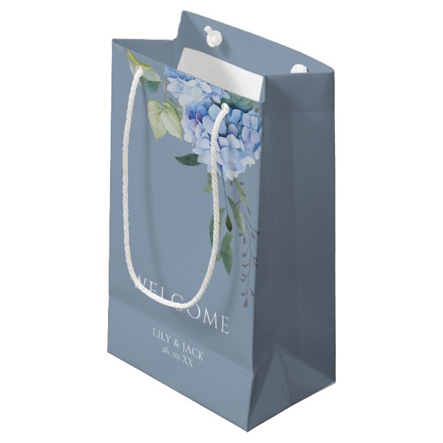Dusty Blue | Chic Floral Blue Hydrangea Wedding  Small Gift Bag (Front Angled)