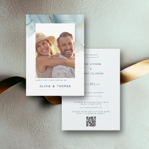 Dusty Blue Chic Modern Wedding QR Photo Save Date Invitation