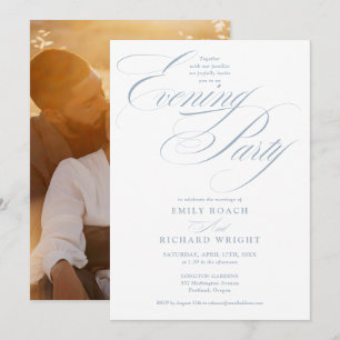 Dusty Blue Chic Script Photo Wedding Evening Party Invitation