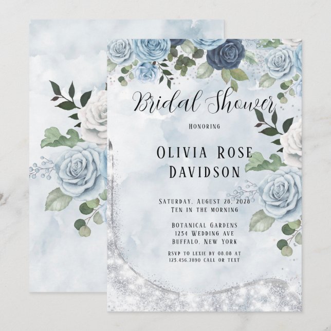 Dusty Blue Chic Watercolor Floral Bridal Shower Invitation (Front/Back)