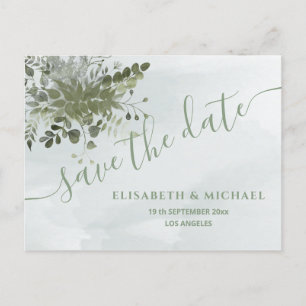Dusty blue chic watercolor greenery eucalyptus ann announcement postcard