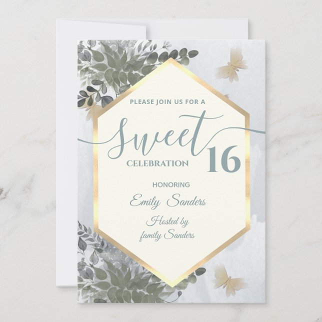 Dusty blue Chic watercolor greenery eucalyptus   Invitation (Front)