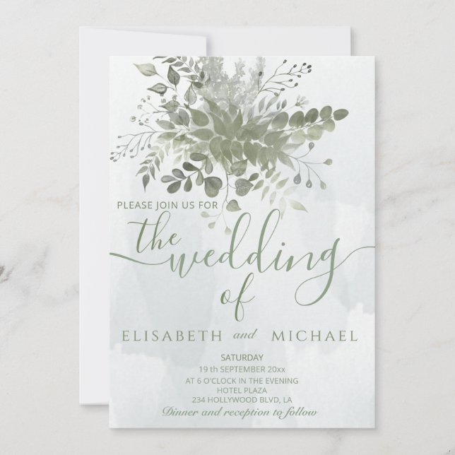 Dusty blue chic watercolor greenery eucalyptus invitation (Front)