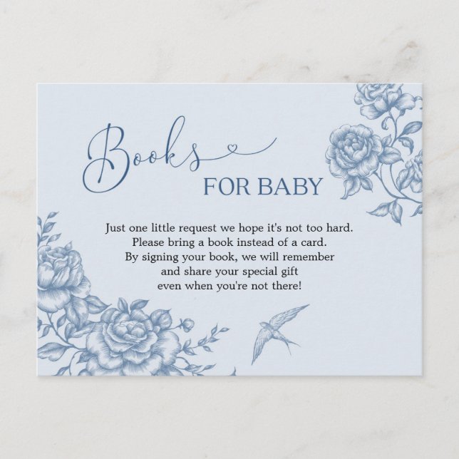 Dusty Blue Chinoiserie Baby Shower Books for Baby Invitation Postcard (Front)