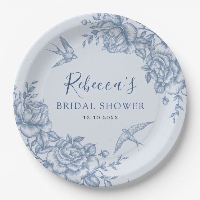 Dusty Blue Chinoiserie Baby Shower Paper Plate (Front)