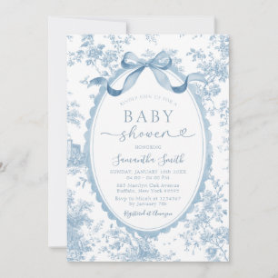 Dusty Blue Chinoiserie Bow Toile Girl Baby Shower Invitation