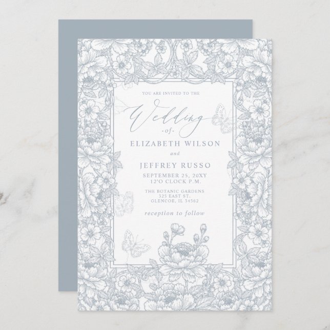 Dusty Blue Chinoiserie Floral Botanical Wedding Invitation (Front/Back)