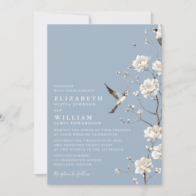 Dusty Blue Chinoiserie Floral Garden Wedding Invitation (Front)