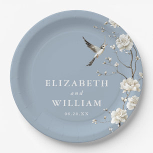 Dusty Blue Chinoiserie Floral Garden Wedding Paper Plate
