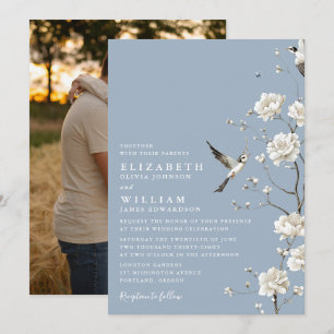 Dusty Blue Chinoiserie Floral Garden Wedding Photo Invitation