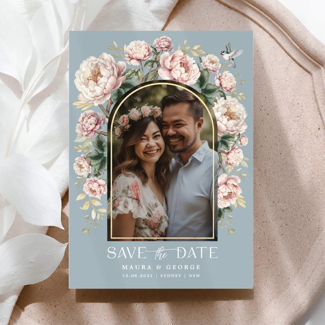 Dusty Blue Chinoiserie Floral Photo Save the Date Invitation (Creator Uploaded)