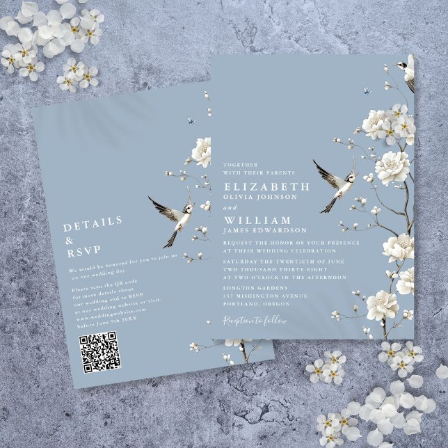 Dusty Blue Chinoiserie Floral QR Code Wedding Invitation (Dusty Blue Chinoiserie Floral QR Code Wedding Invitation)