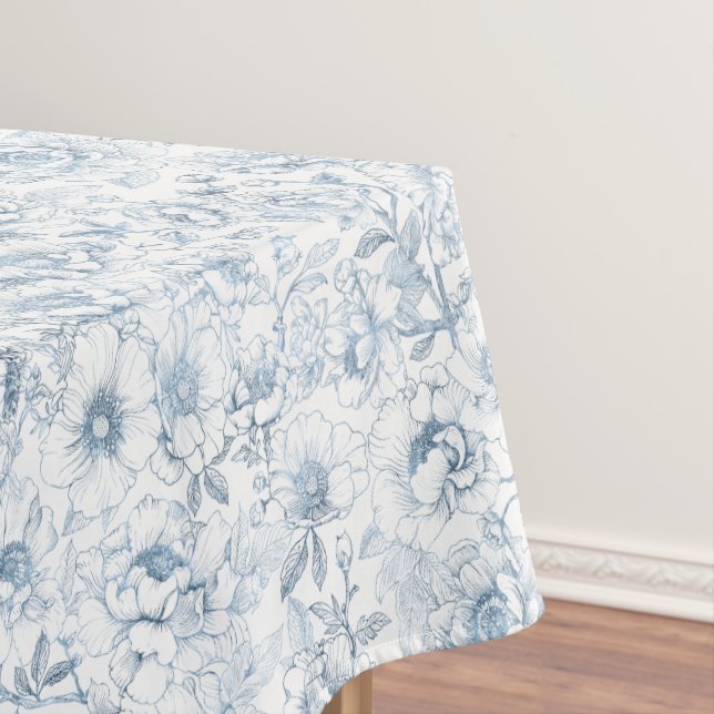 Dusty Blue Chinoiserie Floral Tablecloth Elegant (In Situ)