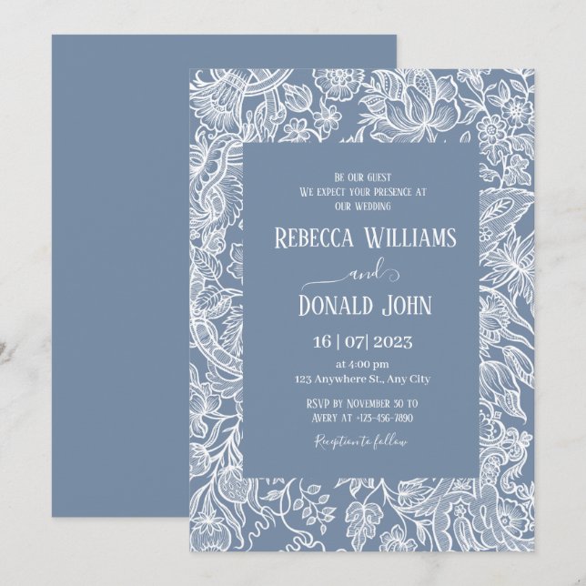 Dusty Blue Chinoiserie Floral wedding  Invitation (Front/Back)